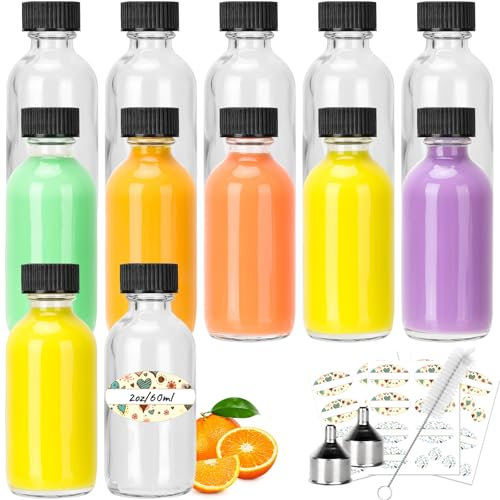 60 ml Mini-Glasflaschen mit Deckel, 12er Pack Schnapsflaschen zum Abfüllen, kleine Flaschen mit Trichter für ätherische Öle, Ginger Shot, Whisky, Ingwer, Schnaps, Likör und andere Getränke