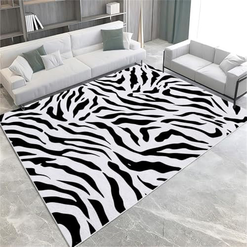 UUZEAI Waschbarer Wohnzimmer Teppich Schwarz Weiß Animal Zebra Print Kurzflor Teppic, Moderne rutschfest Schlafzimmer Teppich, Luxuriös Weich Teppiche für Büro, Kinderzimmer, Spielzimmer 50x80cm