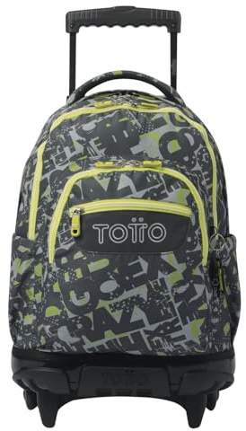 TOTTO - Mochila Escolar con Ruedas, Modelo Renglones, Capacidad 26,21 Litros, Bolsillo para PC 14, Bolsillo Botella, Correas en S para Mayor Comodidad, Resistente, Estampado Texgrunge