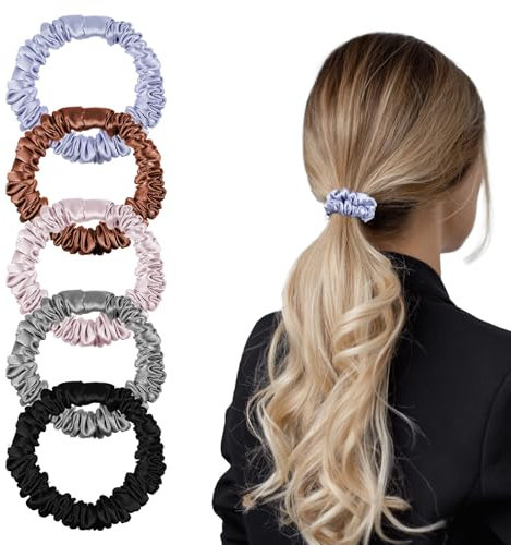 Nogeqi 5 Stück Seide Haargummi Dünn Scrunchies Klein Seiden Haargummi Elastische Satin Scrunchie Seide Mini Silk Hair Ties Pferdeschwanz für Mädchen Damen Feines Dünnes Haar