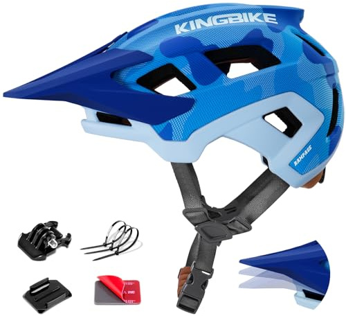 KINGBIKE Fahrradhelm für Herren Erwachsene Professioneller Mountainbike-Helm mit GoPro-Halterung & 3-stufig verstellbarem Visier NTA-8776 E-Bike-Zertifiziert (Camo blau, M)