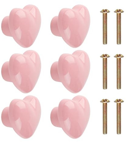 BigKego 6 Stück Möbelknöpfe Herzform Keramik Schubladengriffe Schrankknöpfe Rosa Türknäufe mit Schrauben für Schubladen Schränke Türen Küche Möbel