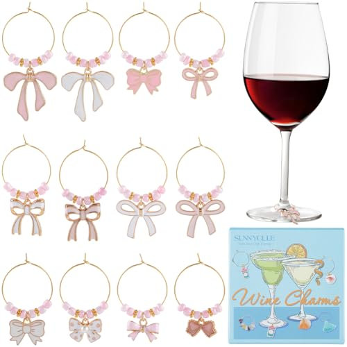 SUNNYCLUE 12 Styles Bow Drink Charms Drink Tag Charms Bulk Pink Cute Kawaii Alloy Enamel Bowknot Labels Cups Stem Identifier Gold Markers Wine Glass Labels for Party Favor Tasting Supplies Women Adult