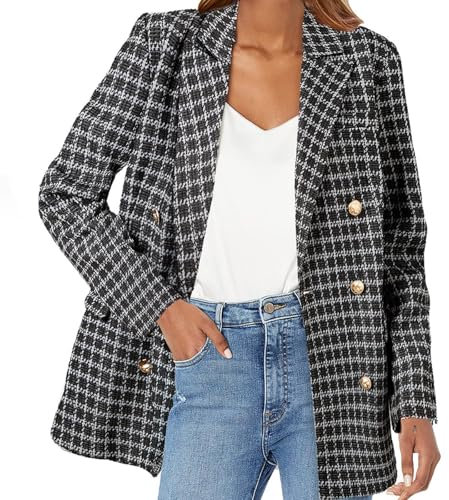 Blazer élégant pour femme - Veste de costume longue à carreaux - Veste demi-saison à une rangée - Veste blazer ouverte à l'avant - Col en V - Veste cardigan à revers - Pour le bureau, les affaires
