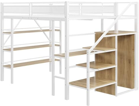 Azkoeesy Metall Hochbett mit Schreibtisch, Stauraumtreppe und Kleiderständer, 3 Regale, 140 x 200 cm, Jugendbett Doppelbett mit Eisenrahmen und Geländer, für Kinder, Jugendliche und Erwachsene, weiß