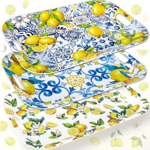 JarThenaAMCS Capri-Zitronen-Serviertabletts mit Griffen, wiederverwendbare Servierschalen für Sommerpartys, zum Teilen von Snacks, Obst, Dessert, 3 Stück