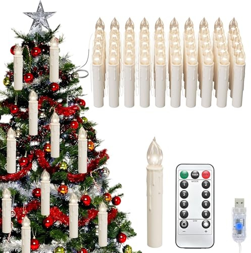UISEBRT LED Christbaumkerzen 50er Set, Elektrische Kerzen mit Fernbedienung und USB-Anschluss, Weihnachtsbaum LED Kerzen, Christmas Decorations für Halloween Hochzeit, Transparent Lampenkopf