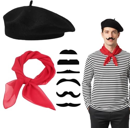 PDirat Pantomime Kostüm, 8-teiliges Set für Französische Themenpartys und Karneval, Inklusive Baskenmütze, Schnurrbärten und Schal, Ideal für Bühnenauftritte und Cosplay