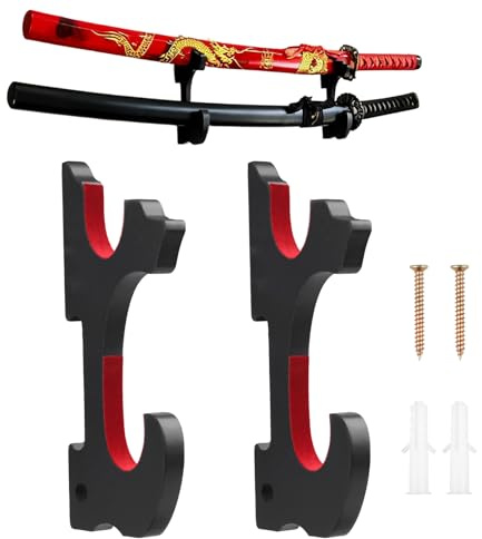 Set 2 Porta Katana da Muro Legno Nero Velluto, Supporto Spada 2 Livelli | Supporto per Katana Wakizashi Tanto Spada Samurai Cosplay, esposizione collezione arredo casa montaggio semplice viti incluse