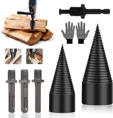 Brocas para Leña, 32mm+42mm Broca Divisora de Leña con 4 Mangos de Taladro, Astilladora de Troncos, Taladro Divisor de leña, Taladro de Cono para Partir Troncos de Madera para Hogar