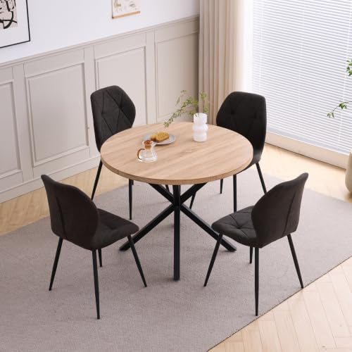 HJhomeheart Esstisch und Stuhlset, 100 cm Runder Esstisch und 4 Moderne Leinenstühle, für Esszimmer, Küche, Wohnzimmer (Helle + Schwarz)