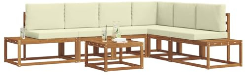 vidaXL Outdoor-Sofagarnitur mit Kissen 7 Stück Natur und Creme, Akazienholz Outdoor-Sofa-Set, Modulare Sitzmöbel für Garten, Stilvolle Terrasse Lounge, Wetterfestes Mobiliar