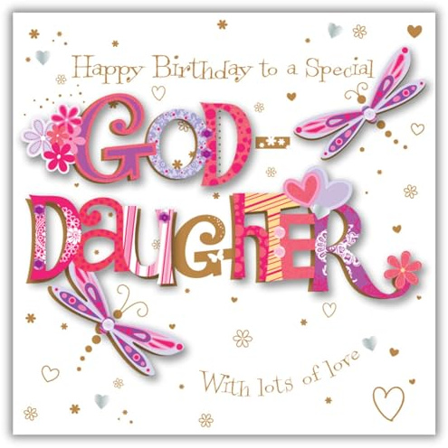 Ling Design Birthday Card for Goddaughter - Dragonfly Design - Foil Finish with Embellishments - Pretty Birthday Greeting Card to a Special Goddaughter - For Her