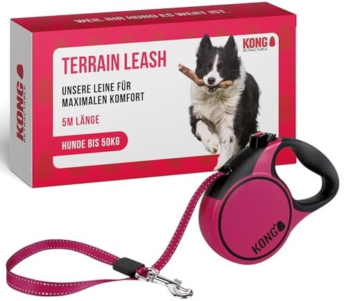 KONG ausrollbare Hundeleine in 5m Länge I Für große Hunde bis 50kg I Größe L I Hochwertige Rollleine mit Break & Lock System in pink I komfortable Leine mit Softgriff & reflektierendem Gurt