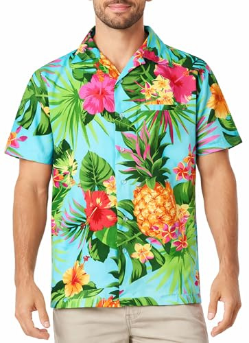 King Kameha Herren Hawaiihemd Kurzarm – Sommer Aloha Shirt mit Ananas-Print, leicht und pflegeleicht
