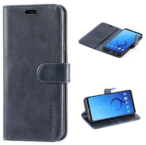 Mulbess Handy-Hülle für Samsung Galaxy S9 Plus Schutzhülle, Magnet Handyhülle Leder, Flip Wallet Cover, Kartensteckplatz, Vintage Dunkel Blau