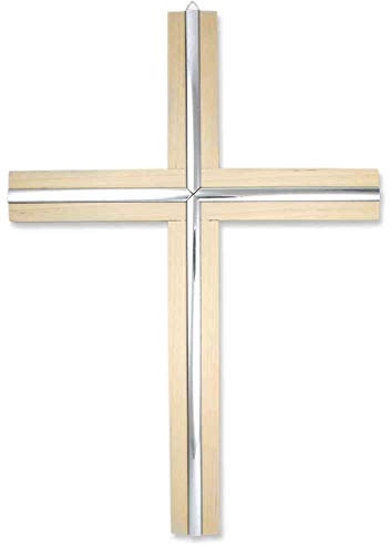 kruzifix24 Devotionalien Wandkreuz Fichte Natur modern mit Silberstäben als Kreuzauflage 30 x 21,5 x 2 cm Schmuckkreuz Holzkreuz