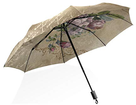 ISAOA Reise-Regenschirm, nicht nicht automatisch, kompakt, faltbar, Retro-Buchstabe mit Rosen, winddicht, ultraleicht, UV-Schutz, Regenschirm für Damen und Herren, multi, Faltbarer Regenschirm