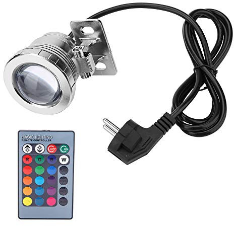 Riuty Projecteur LED RVB submersible - 10 W - Prise européenne - Projecteur extérieur avec télécommande - Pour aquarium, bassin, fontaine, jardin (argent)