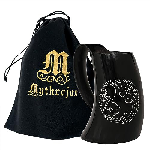 Mythorjan Chope en corne à boire Viking, chope à boire médiévale, chope nordique, tasse à boire avec tête de dragon gravée pour événements médiévaux, cosplay, LARP, SCA – 600 ML
