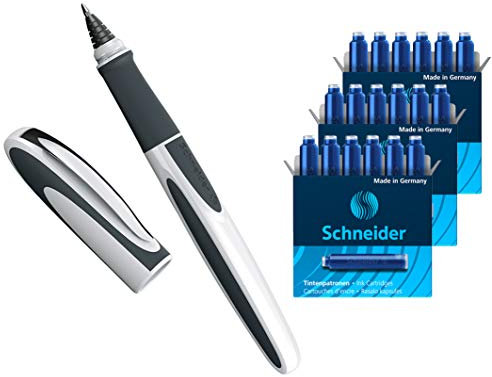 Schneider Ray Tintenroller (Nachfüllbar mit Standard Tintenpatronen, geeignet für Rechts- und Linkshänder) (1 Stück + 18 Patronen extra) Weiß/Dunkelgrau