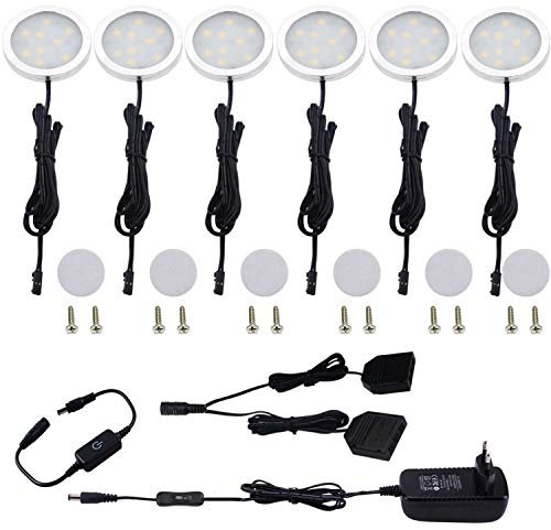 AIBOO LED Schrankleuchten 6er Set, Vitrinenbeleuchtung Dimmbar mit Touch Dimmer, LED Unterbauleuchte Küche Warmweiß, Ultra dünn DC 12V Schrank Lichter für Kabinett Schränke Kleiderschrank