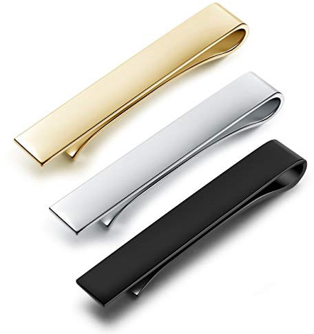 PiercingJak 3PCS Pinces à Cravate Slim Classiques Clip Tie Acier Inoxydable Épingles Pinces a Cravate Bar Clips Set Affaires Mariage avec Boîte-Cadeau Or Argent Noir (54 * 8mm)