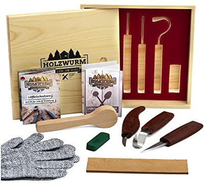 HOLZWURM Schnitzmesser Set in Holzbox inkl Holzrohling, Anleitung & Schnittschutzhandschuhe - umfangreiches Schnitzwerkzeug-Set zum Schnitzen