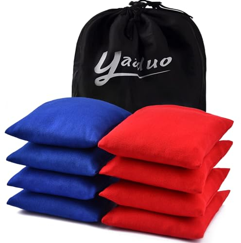 YAADUO Set di 8 sacchetti per cornhole a doppio lato, resistenti alle intemperie, per giochi di cornhole, con borsa tote (rosso/blu)