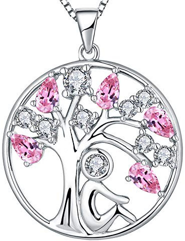 YL Tree of Life Necklace 925 Sterling Silver cut October Birthstone Pink Cubic Zirconia Family Tree Girl Pendant Necklace for Women,45+3CM
