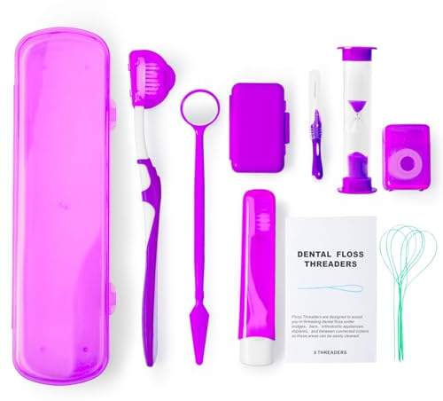 Annhua Fixed Braces Cleaning Kit, 8 Pack Purple Orthodontic Travel Dental Care Set, Portable Orthodontic Oral Care Kit with Interdental Brushes, Brace Wax, Floss Threader, Oral Mirror and Timer