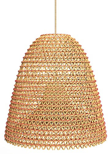 Lampadario Stile Marino in Giunco, Midollino di Rattan, Bambu, Vimini | Lampada a Sospensione con Rosone in Legno, Cavo in Corda per Cucina, Soggiorno (h 40 x Ø 40 cm)