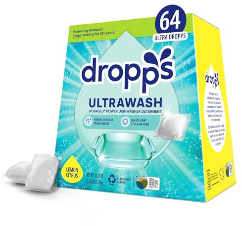 Dropps Cápsulas de detergente para lavavajillas: limón | 64 unidades | Corta la grasa y combate la acumulación de alimentos | Para cristalería y platos espumosos | Embalaje de bajo desperdicio