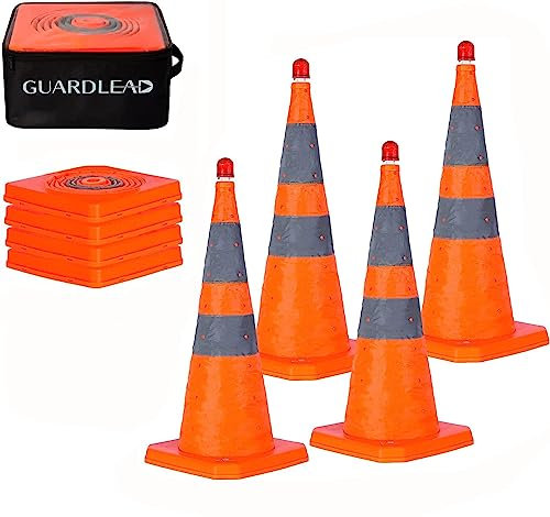 GUARDLEAD Warnkegel 4er Set, 70cm Reflektierender Verkehrskegel mit Warnleuchte, Orange Verkehrsleitkegel Pylone Faltbar, Faltbar Leitkegel für Straße Sicherheit (4, 70cm)