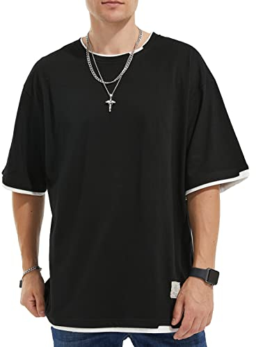 GIJOVANA T-Shirt pour Homme Coupe Large Chemise à Manches Courtes Contrast Tee Shirt Plusieurs Couleurs Disponibles(Noir,2XL)
