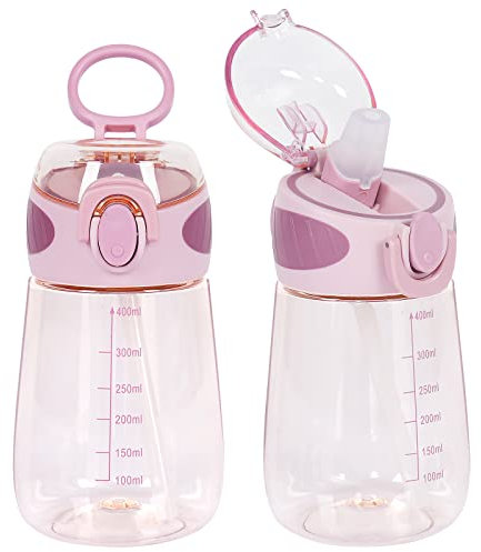 YOBOKO Water Bottle with Straw BPA Free Lightweight 14oz Water Drinking Bottle with Handle Wide Mouth Leak Proof Cute Straw Bottle for Boys Girls Adults (Pink)