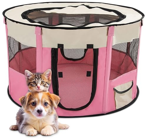 ALLSOPETS Welpenauslauf Faltbar, Laufstall für Hunde, Rosa, L | Tragbarer Welpenlaufstall für Hunde und Katzen mit Tragetasche, Indoor Outdoor Hundebox für Reisen, Camping und Zuhause