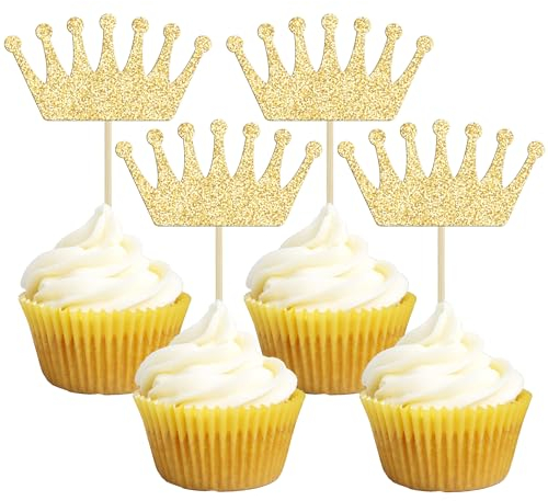 Gyufise 24 Stück Krone Cupcake Topper Gold Glitter Queen Crown Cupcake Picks für Queen Princess Thema Baby Shower Mädchen Hochzeit Geburtstag Party Kuchen Dekorationen Zubehör