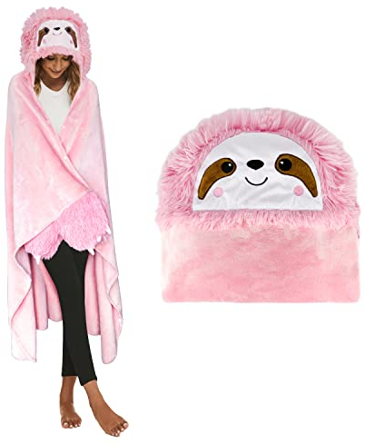 Shoppawhile Sloth Gifts for Women Wearable Hooded Blanket Soft Cute Warm Fluffy Christmas Birthday gifts for women Sloth Flannel Sloth Hooded Snuggle Blanket 59 * 51 inch