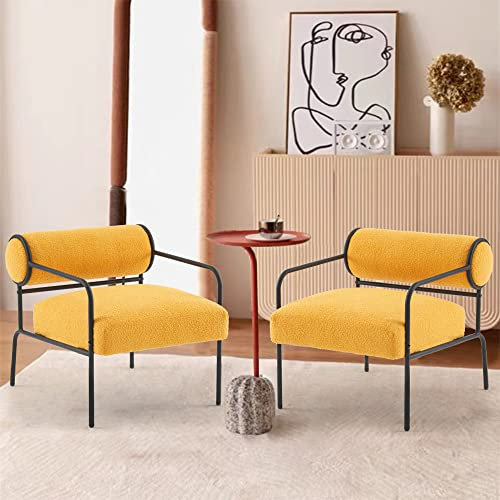 Mingone Sessel 2er Set Cocktailsessel Modern Loungesessel Ohrensessel Lammwolle mit Schwarz Metallbeinen für Wohnzimmer Schlafzimmer bis 120kg Gelb