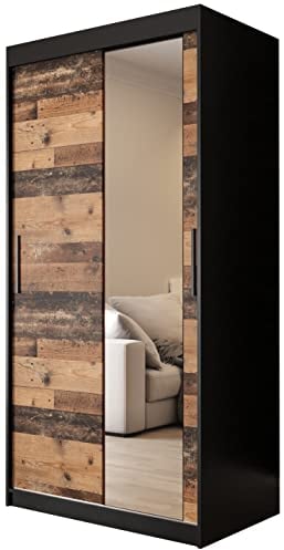 KRYSPOL Schiebetürenschrank Old Style T2 100 cm Kleiderschrank mit Spiegel Einlegeboden Schlafzimmer- Wohnzimmerschrank Schiebetüren Modern Design (Schubladen: 0)