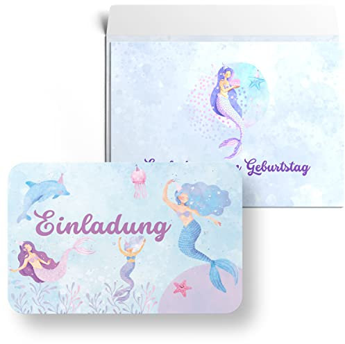MAVANTO 15x Einladungskarten Kindergeburtstag Meerjungfrau mit Umschlägen - Süße Geburtstagseinladungen für Mädchen & Jungen