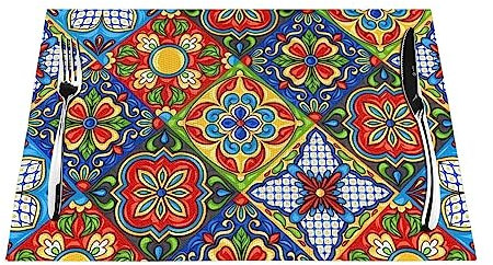 Mexican Ceramic Tile Placemats Set of 6 Woven Placemats for Dining Table Heat Resistant Place Mats Non-Slip Washable PVC Table Mats for Home Kitchen Weddings Holiday Party Decor