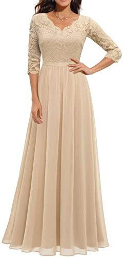 xxxiticat Women's Elegant Lace Long Prom Dresses Long Sleeve/Sleeveless A-line Backless Wedding Dress Evening Dresses V-Neck Bridesmaid Dress, 1-champagne colour, XL