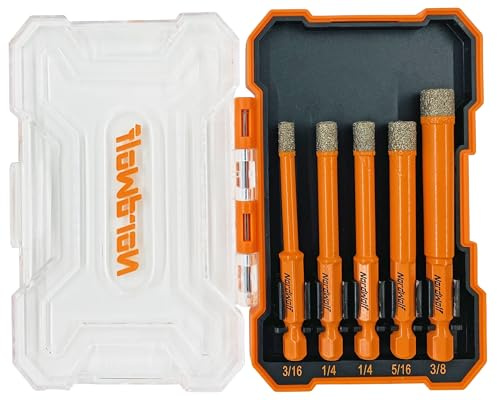 NordWolf 5-Piece Vacuum Brazed Dry Diamond Drill Bits with 1/4 Hex Shank for Granite, Marble, Rock, Procelain Tile, Ceramic, SAE Diamond Core Drill Bits 3/16-1/4-5/16-3/8-inch