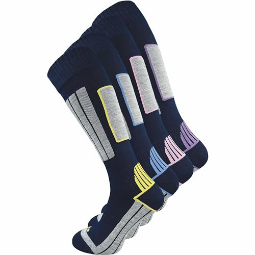 GAWILO Chaussettes de ski pour femmes avec laine chaude et rembourrage fonctionnel spécial | 4 paires (Bleu, 39-42)