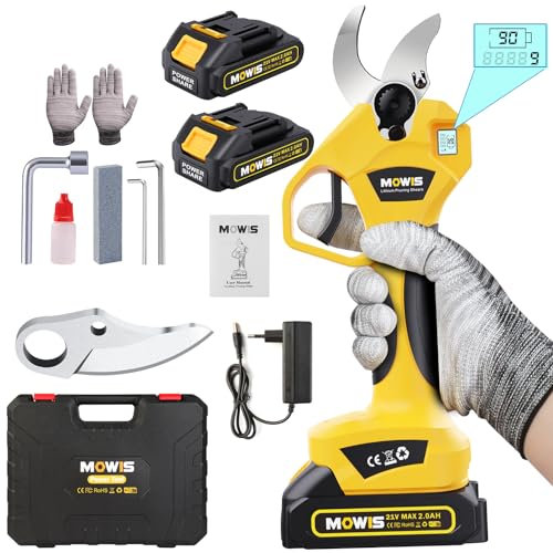 Elektrische Gartenschere mit 2 2Ah Akkus, Mowis Professionelle 30mm Baumschere, Akku Astschere mit LCD Display Bildschirm für Beschneiden Gartenarbeit Obstbaum Weinberg