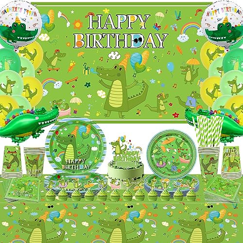 Crocodile Birthday Supplies - Decorations Including Backdrop, Cake Topper, Plates, Cups, Napkins, Tablecloth, Balloon for Reptile Alligator Party Boy Kids