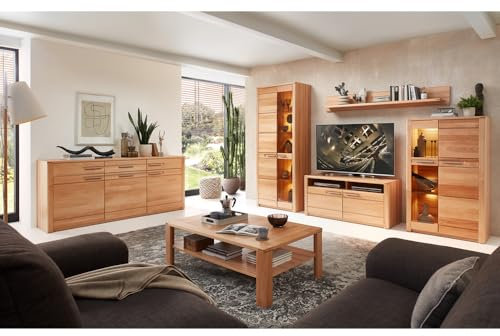 Wohnzimmer Wohnzimmermöbel Set mit Beleuchtung inkl. Sideboard Vitrine TV Lowboard Couchtisch Wandboard, Front Kernbuche massiv