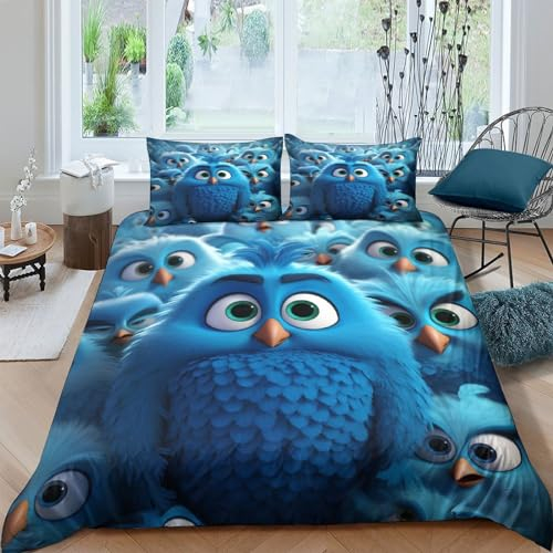 Piccolo uccello azzurro 3D Stampa Digitale Animale a fumetti Set Copripiumino 3 Pezzi Copripiumino Set Di Biancheria Da Letto Con Cerniera E Federe Microfibra Morbido Per Bambini Double（200x200cm）
